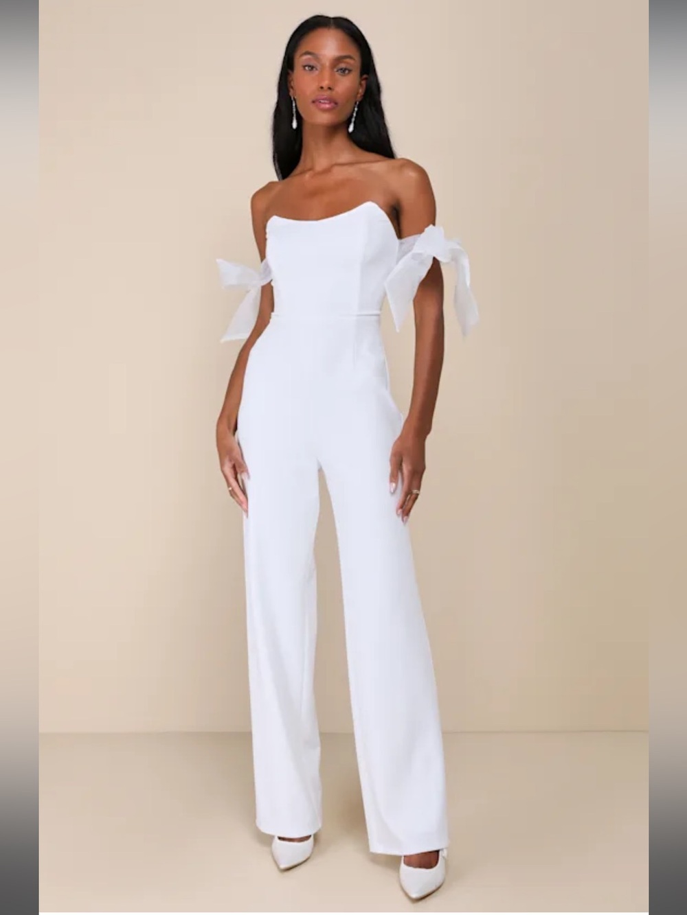 NWT-Pristine Aura White Tie-Strap Off-the-Shoulder Jumpsuit